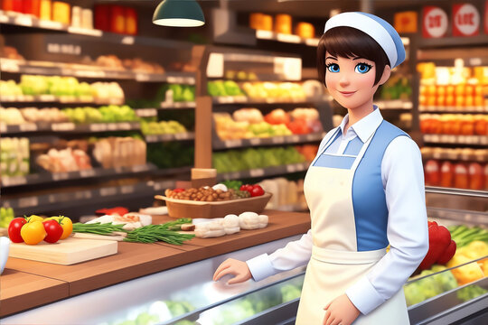 3d cartoon character of a female grocery store cashier, shop assistant. Generative AI