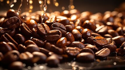 Many roasted coffee beans flying Generative AI - obrazy, fototapety, plakaty