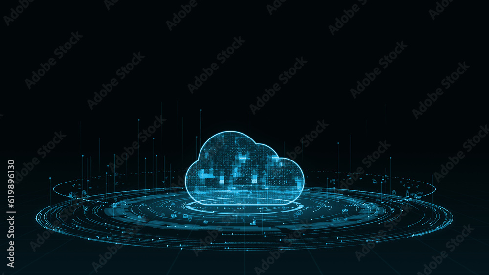 Poster blue digital cloud computing logo with particle ring circle rotation with ai technology icon on futu