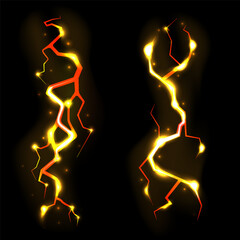 Set of yellow lightning, electric thunderbolt strike during night storm. Powerful electrical discharge, impact, crack, magical energy flash. Realistic 3d vector