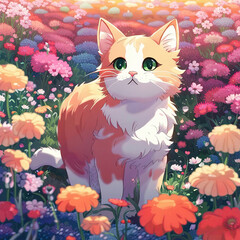 Generative AI cute cat, cute little cats, cute kitten sitting in flower field, anime cat, cute anime cat, kitty, cute little anime cat, cute kitten, aesthetic anime cat, adorable cat, adorable kitten