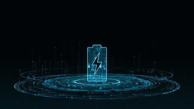 Blue digital battery logo with particle ring circle rotation with ai technology icon on futuristic abstract background power reserve concepts