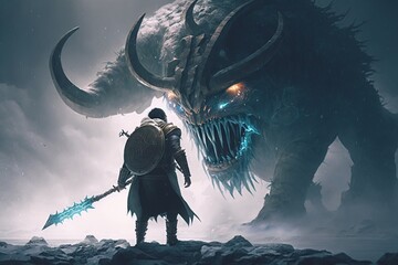 man with obscured face holding sword and fighting giant monsters, Generative AI