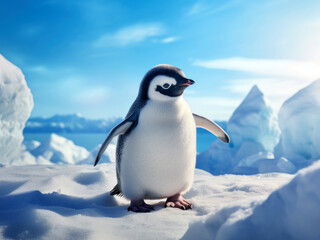 Naklejka na ściany i meble Cute penguin against the snowy blue ocean