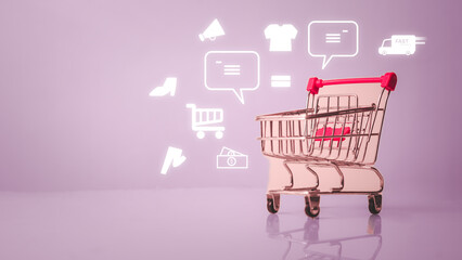 E-commerce shopping cart and business concept online shopping shopping cart icon Pay for purchases via the Internet or by credit card. gadget supermarket digital marketing and fast transportation.