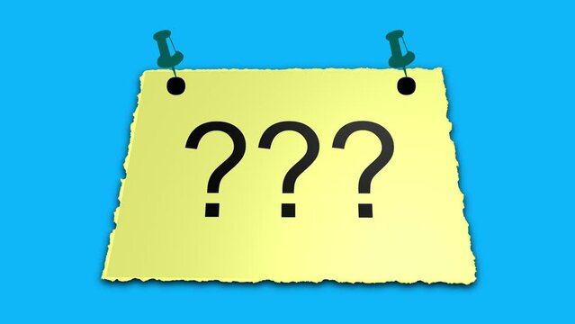 Question marks written on white torn paper notepad blue background animation 