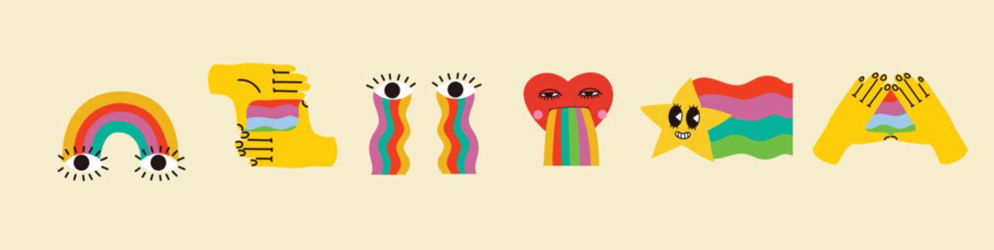 Naklejka Groovy hippie 70s set. Funny cartoon flower, rainbow, peace, Love, heart, LGBT sticker pack in trendy retro psychedelic cartoon style. Isolated vector illustration.
