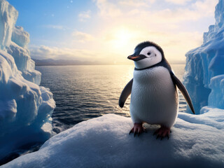 Fototapeta na wymiar Cute penguin against the snowy blue ocean