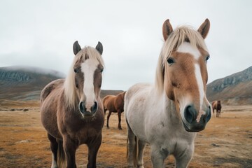 Portrait of horses standing against by mountain against sky. Generative AI