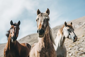 Fototapeta na wymiar Portrait of horses standing against by mountain against sky. Generative AI