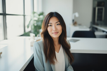 Beautiful asian woman businesswoman sitting with her hands clasped at the table in the open space office. Photorealistic illustration of Generative AI.