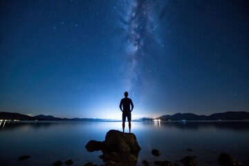 Silhouette man standing at lakeshore against starry sky. Generative AI