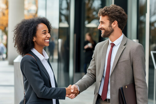 African American woman shaking hands with a man standing at the business center. Photorealistic illustration of Generative AI.