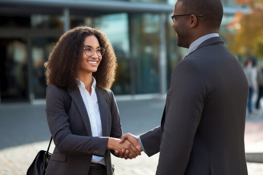 African American woman shaking hands with a man standing at the business center. Photorealistic illustration of Generative AI.