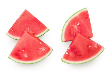 Red seedless watermelon slices isolated on white background. Top view. Flat lay