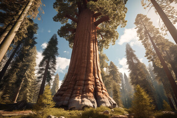 Big sequoia in the national park, nature, trees and plant, illustration. Generative AI. Forest, forestry, redwood, pine, landscape and environment, image - obrazy, fototapety, plakaty