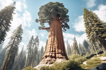 Obraz premium Big sequoia in the national park, nature, trees and plant, illustration. Generative AI. Forest, forestry, redwood, pine, landscape and environment, image
