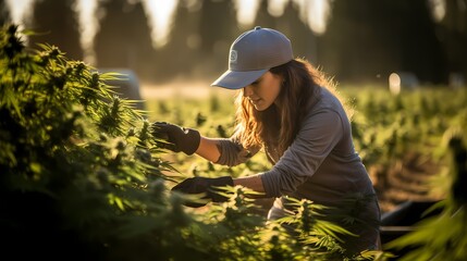 Naklejka na ściany i meble A female wearing gloves picking weeds from cannabis plant-Generative AI