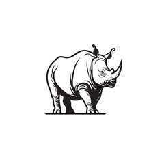 Fototapeta na wymiar African savannah standing rhinoceros isolated in cartoon style. Educational zoology illustration, coloring book picture. Logo, icon style. Black and white