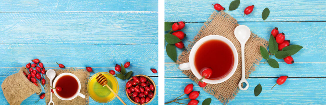 tea with rose hips and honey on blue wooden background with copy space for your text. Top view
