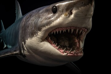 Obraz premium huge shark is isolated on the black background. Shark selfie. business shark