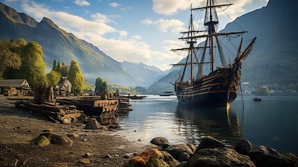 Pirate port overlooking old sailing ship Generative AI