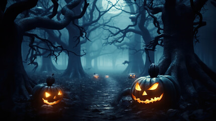 Fototapeta premium Enchanting Haunted Forest Blue Moon Halloween Night with Spectral Jack-o'-Lanterns. created with Generative AI