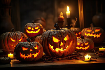 Menacing Halloween Pumpkins: Spooky and Terrifying Jack-o'-Lanterns. created with Generative AI