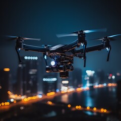 A close up of a drone flying above the City
