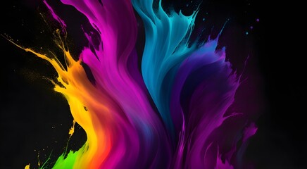 Abstracts artistic black background with rainbow colour splash and copy space 