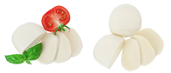 Mozzarella cheese sliced with basil leaf and tomato isolated on white background . Top view. Flat lay