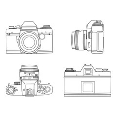 Set of hand drawing old SLR vintage film photo camera. Different four view shot - front, rear, side and top. Isolated doodle vector illustration	