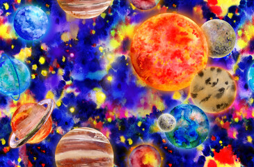 Obraz na płótnie Canvas seamless pattern with Realistic solar system in watercolor against a bright starry sky background for textile and surface design