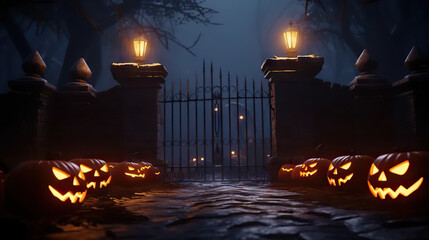Glowing Guardians Jack O' Lanterns at the Spooky Churchyard Gate. Halloween Background. created with Generative AI