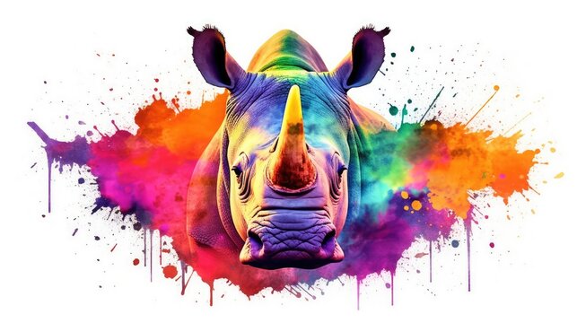 rhino  form and spirit through an abstract lens. dynamic and expressive rhino print by using bold brushstrokes, splatters, and drips of paint.  rhino raw power and untamed energy