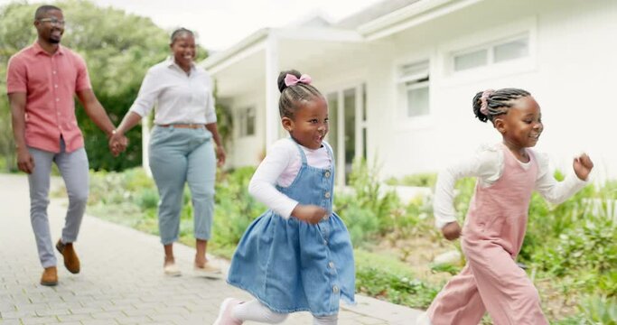 Black family, happy and children running and excited for the weekend leaving their home or house for bonding. Love, people and parents walking with kids playing outdoor a property or real estate