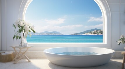 Sea view from circle window with bathtub  Generative AI