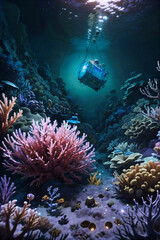 Naklejka na ściany i meble Submersible explores the deep sea and underwater world