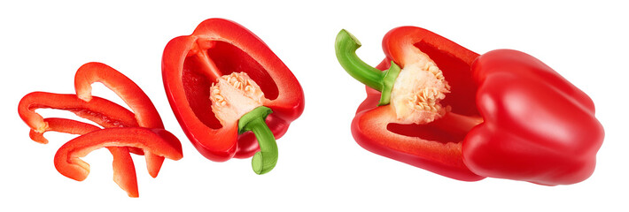 slices of red sweet bell pepper isolated on white background. Top view. Flat lay