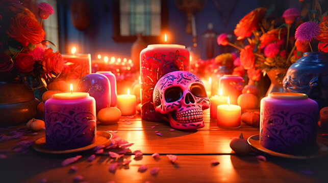 Mexican holiday Dia de Muertos. Traditional table with candles, flowers, sugar skulls, Day of Dead offering