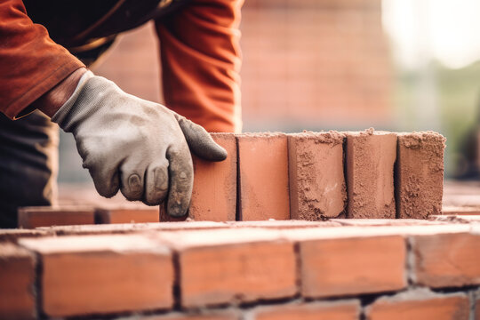 bricklayer working on brick wall at construction site. generative AI