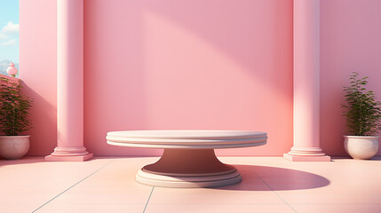 3d Architecture pedestal table or podium stand in pink interior design for display product  