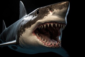 huge shark is isolated on the black background. Shark selfie. business shark