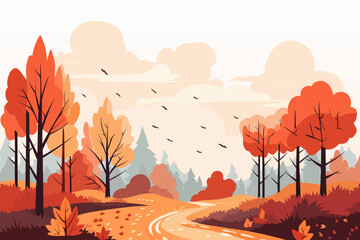 Beautiful autumn forest landscape. Stunning landscape of mixed forest in autumn season. Vector illustration. - obrazy, fototapety, plakaty