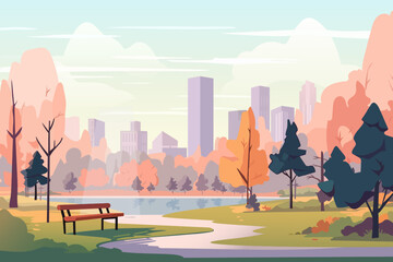City autumn park with yellow trees, bench, lake, path and lantern. Natural landscape of the city and city park. Vector illustration. - obrazy, fototapety, plakaty