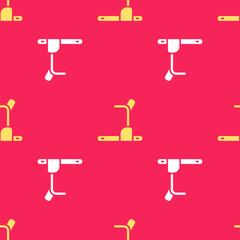 Yellow Treadmill machine icon isolated seamless pattern on red background. Vector