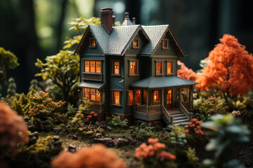 The toy house is on the grass. AI generative.