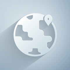 Paper cut Location on the globe icon isolated on grey background. World or Earth sign. Paper art style. Vector