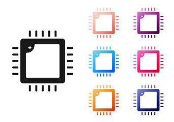 Black Computer processor with microcircuits CPU icon isolated on white background. Chip or cpu with circuit board. Micro processor. Set icons colorful. Vector