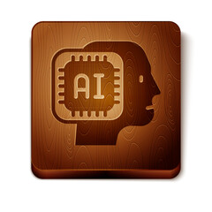 Brown Humanoid robot icon isolated on white background. Artificial intelligence, machine learning, cloud computing. Wooden square button. Vector